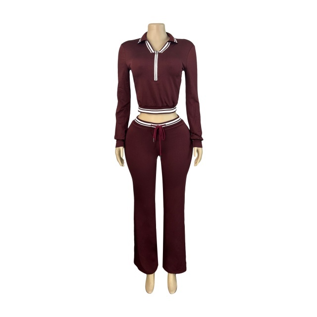 Lapel Half-zip Drawstring Wide-leg Pants Suit