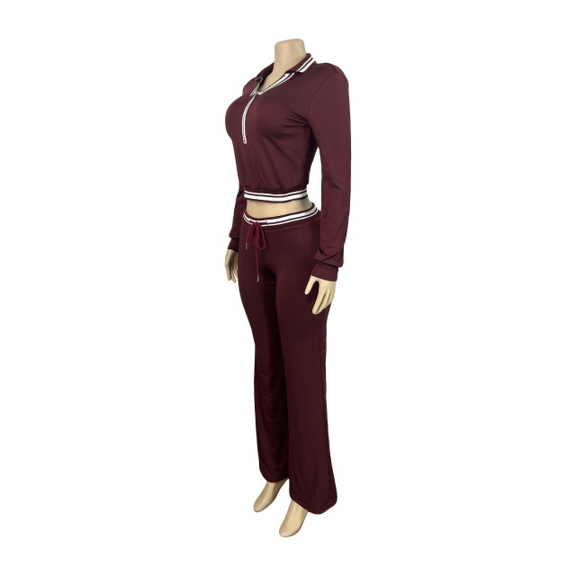 Lapel Half-zip Drawstring Wide-leg Pants Suit