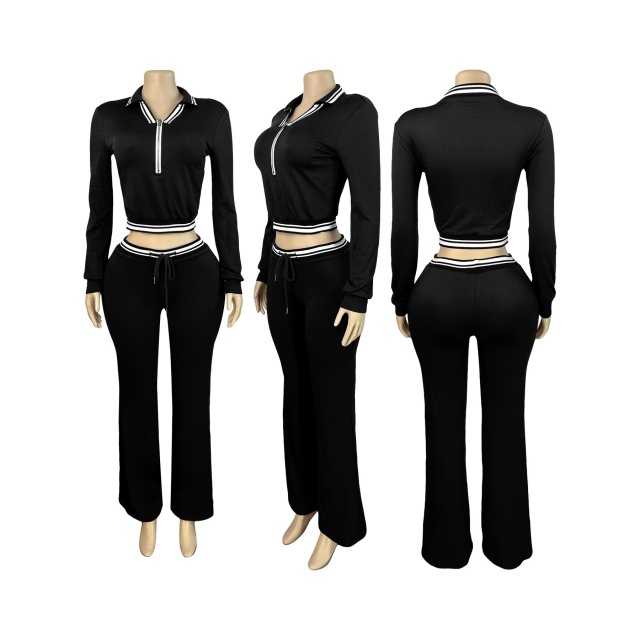 Lapel Half-zip Drawstring Wide-leg Pants Suit