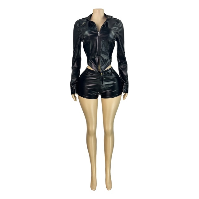 Stand-up Collar Motorcycle Leather Shorts Set