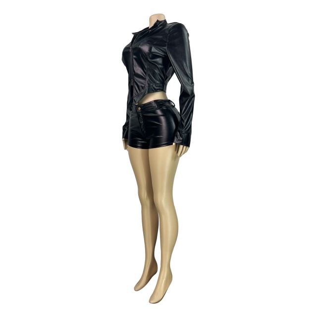 Stand-up Collar Motorcycle Leather Shorts Set