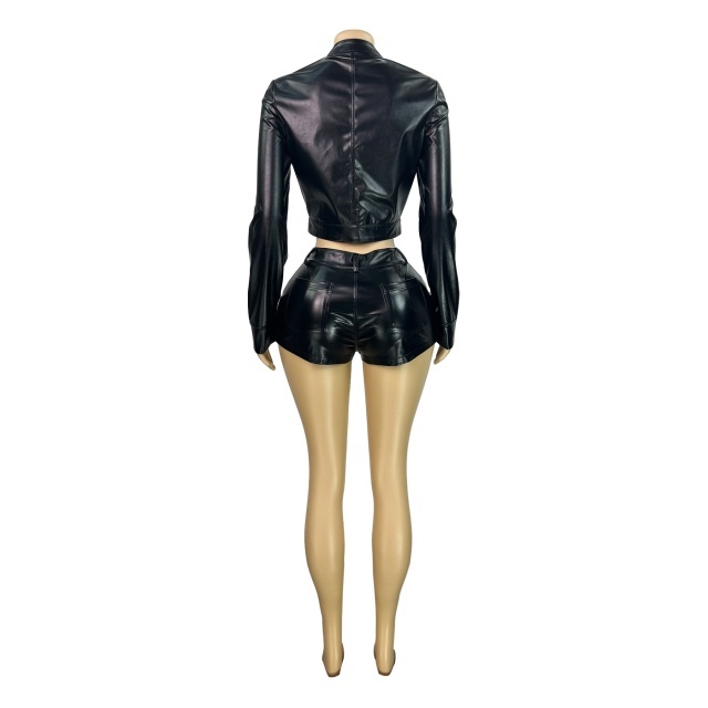Stand-up Collar Motorcycle Leather Shorts Set