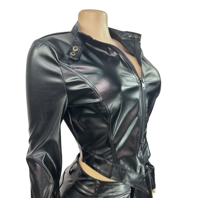 Stand-up Collar Motorcycle Leather Shorts Set