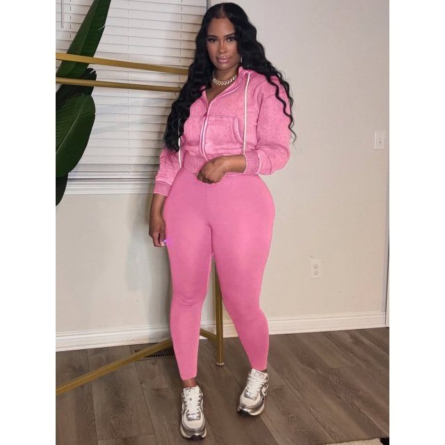 Washed Zipper Hooded Sweatshirt Top Skinny Pants Set