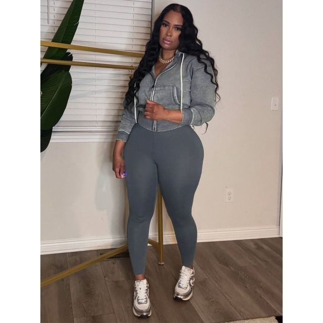 Washed Zipper Hooded Sweatshirt Top Skinny Pants Set