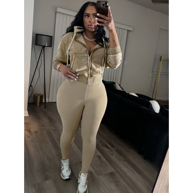 Washed Zipper Hooded Sweatshirt Top Skinny Pants Set