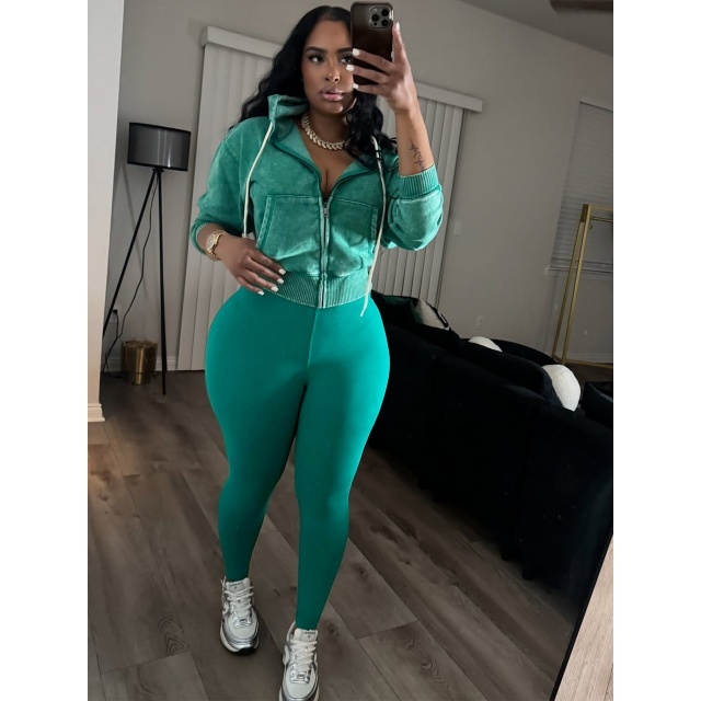 Washed Zipper Hooded Sweatshirt Top Skinny Pants Set