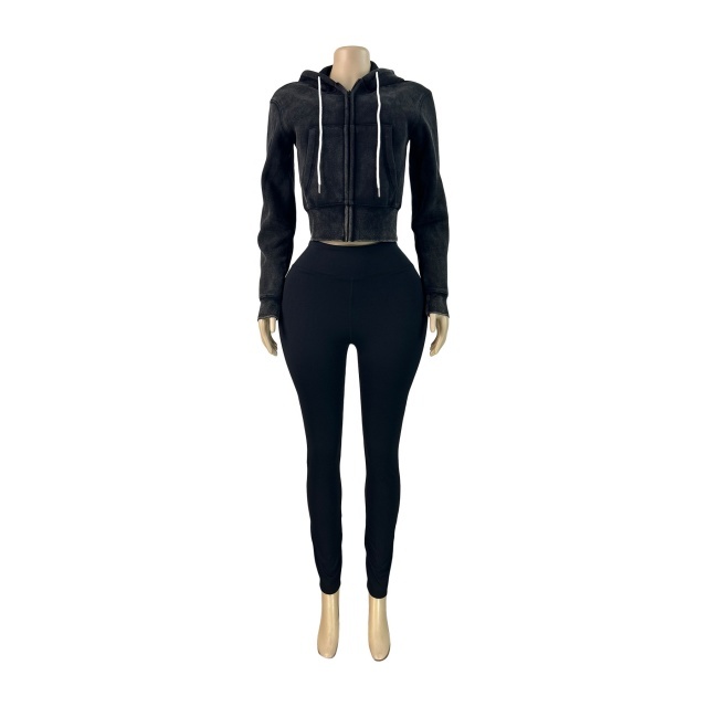 Washed Zipper Hooded Sweatshirt Top Skinny Pants Set