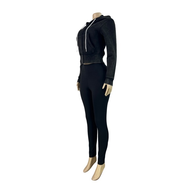 Washed Zipper Hooded Sweatshirt Top Skinny Pants Set