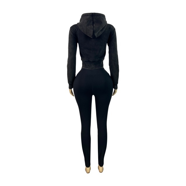 Washed Zipper Hooded Sweatshirt Top Skinny Pants Set