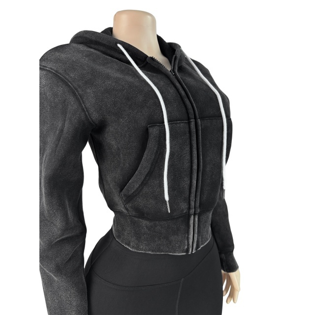 Washed Zipper Hooded Sweatshirt Top Skinny Pants Set