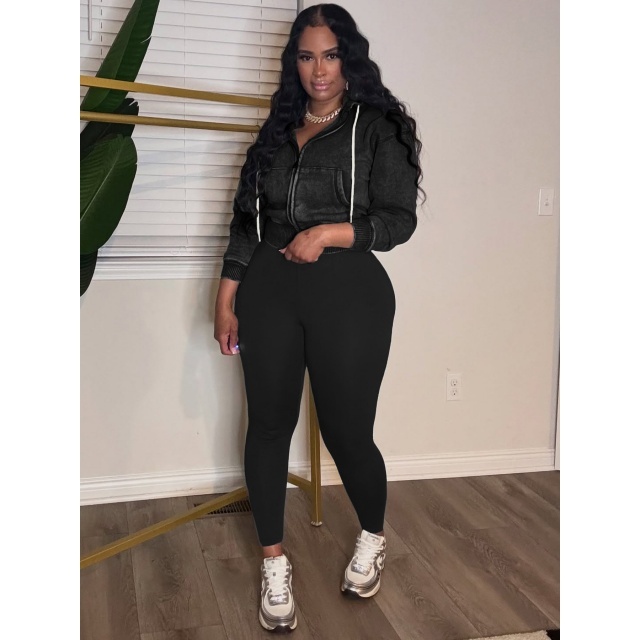 Washed Zipper Hooded Sweatshirt Top Skinny Pants Set