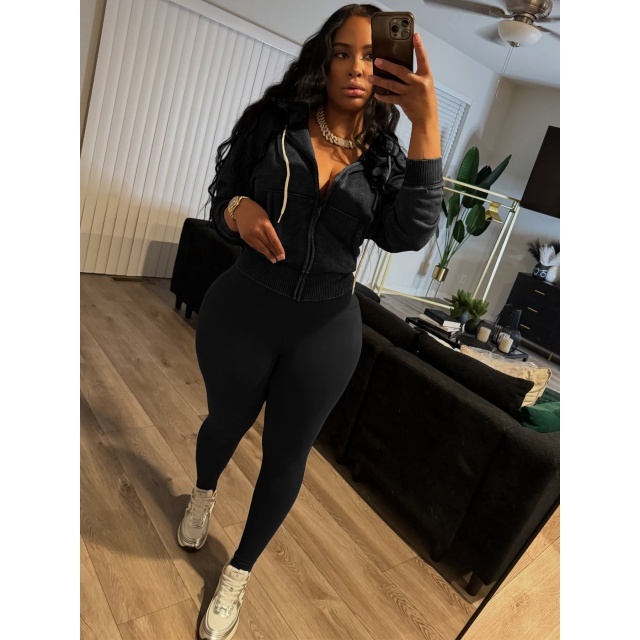 Washed Zipper Hooded Sweatshirt Top Skinny Pants Set