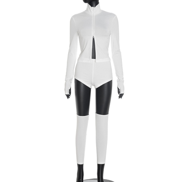 Basic Style Zipper Up Long Sleeve Top Mini Short Set 3 Pieces