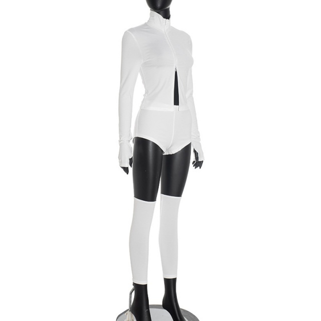 Basic Style Zipper Up Long Sleeve Top Mini Short Set 3 Pieces