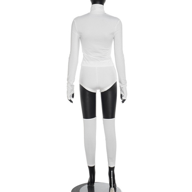 Basic Style Zipper Up Long Sleeve Top Mini Short Set 3 Pieces
