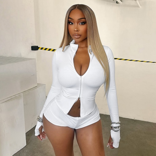 Basic Style Zipper Up Long Sleeve Top Mini Short Set 3 Pieces