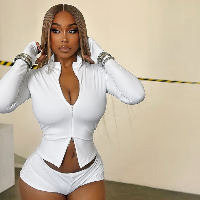 Basic Style Zipper Up Long Sleeve Top Mini Short Set 3 Pieces
