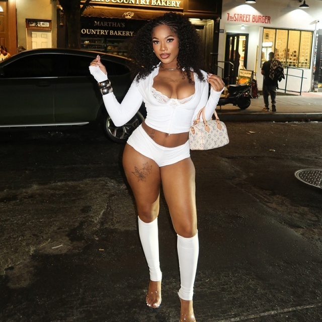 Basic Style Zipper Up Long Sleeve Top Mini Short Set 3 Pieces