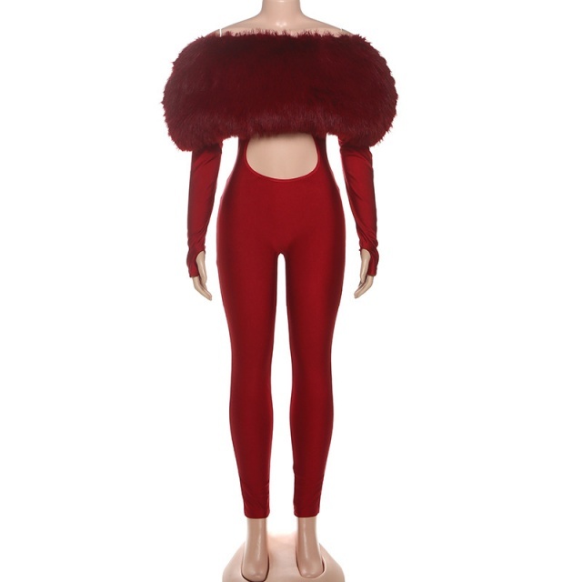 Furry Off Shoulder Hollow Out Tight Jumpsuit