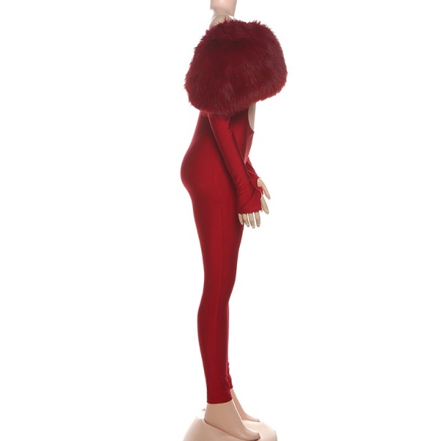 Furry Off Shoulder Hollow Out Tight Jumpsuit