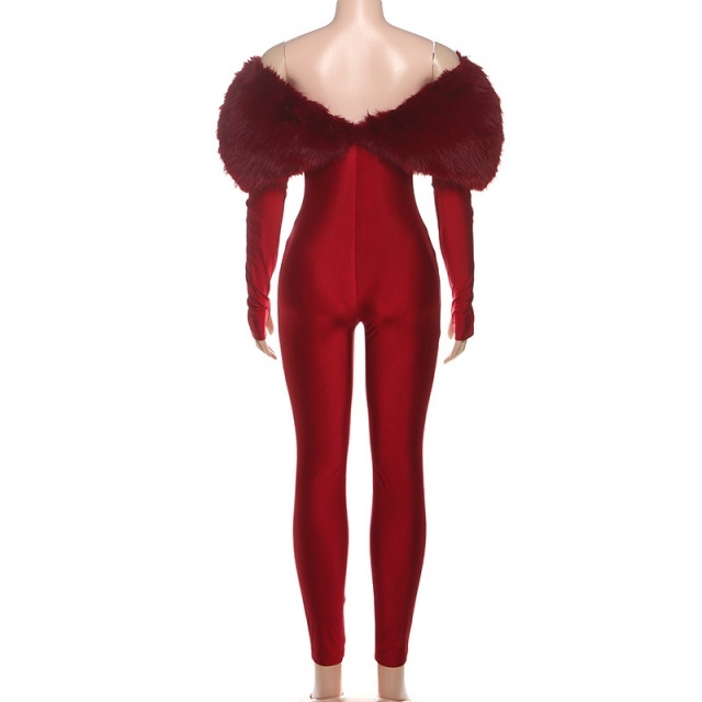 Furry Off Shoulder Hollow Out Tight Jumpsuit