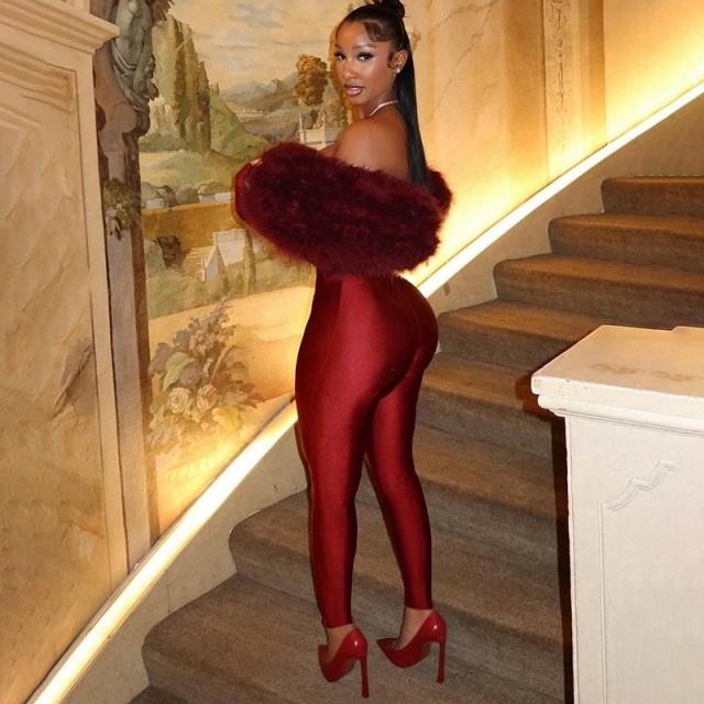 Furry Off Shoulder Hollow Out Tight Jumpsuit