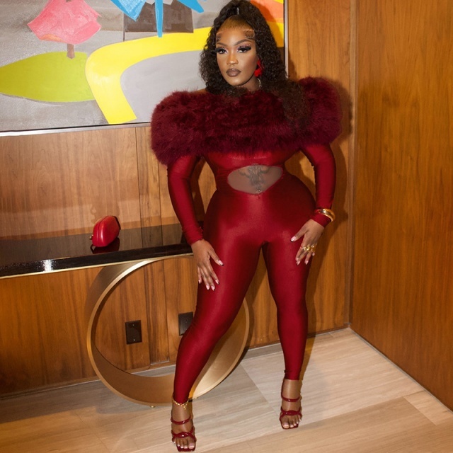 Furry Off Shoulder Hollow Out Tight Jumpsuit
