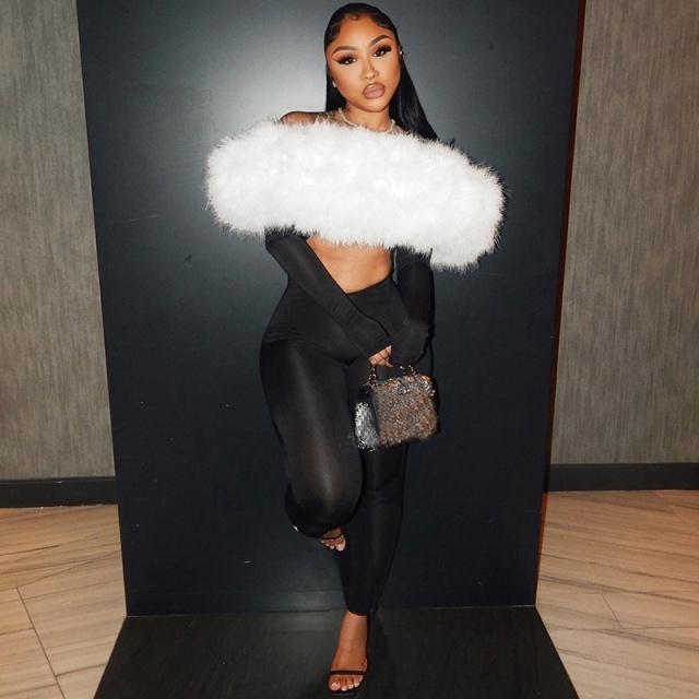 Furry Off Shoulder Hollow Out Tight Jumpsuit
