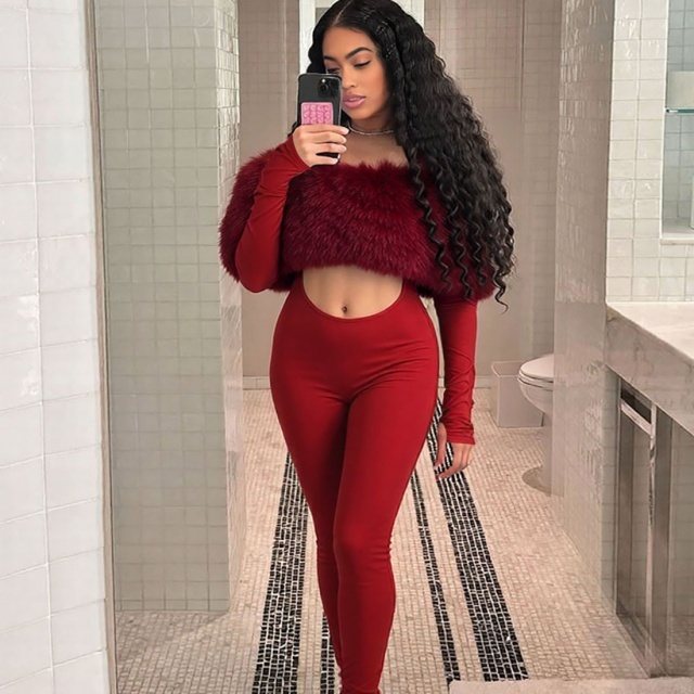 Furry Off Shoulder Hollow Out Tight Jumpsuit