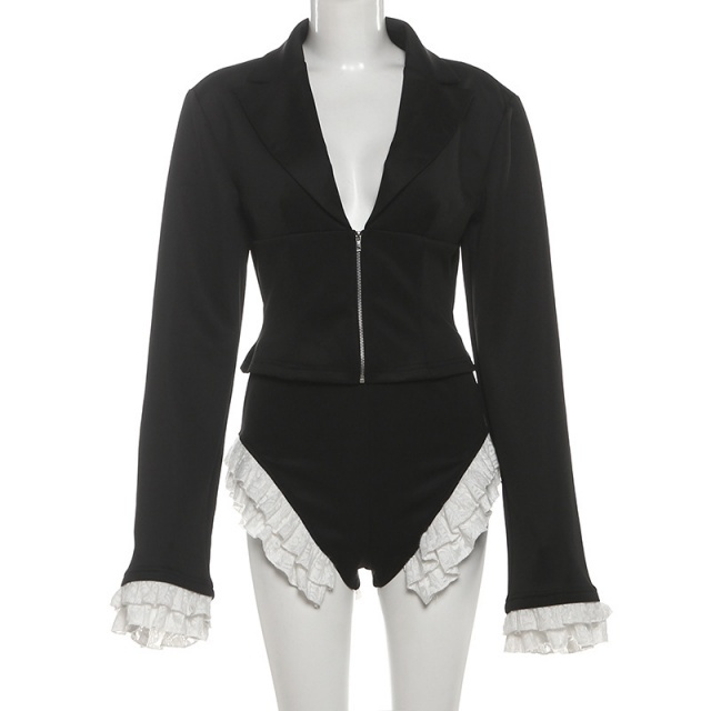 Plunging V Neck Slim Jacket Color Block Short Set