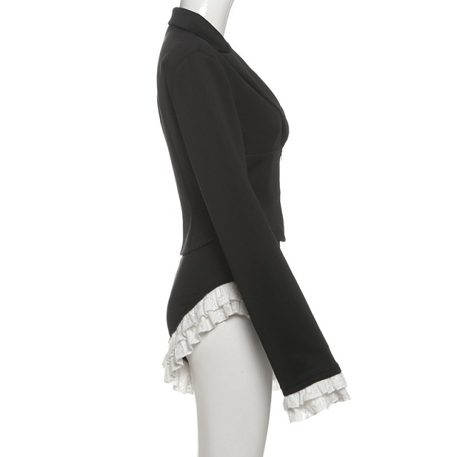 Plunging V Neck Slim Jacket Color Block Short Set