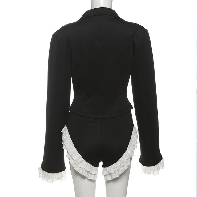 Plunging V Neck Slim Jacket Color Block Short Set