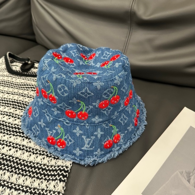 Cherry Embroidery Denim Bucket Hats