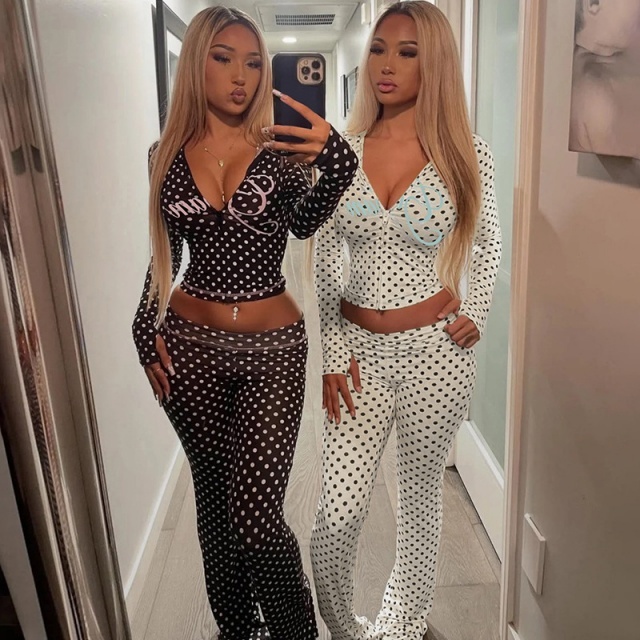 Dots Printed Hooded Top Flare Pant Set
