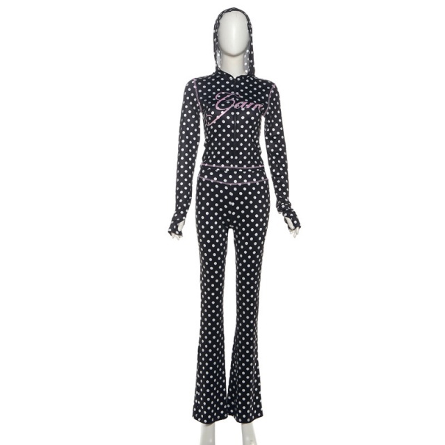 Dots Printed Hooded Top Flare Pant Set
