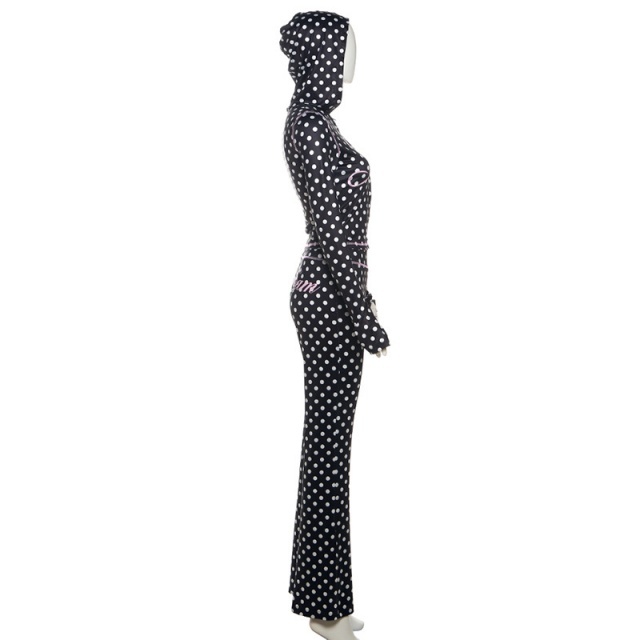 Dots Printed Hooded Top Flare Pant Set