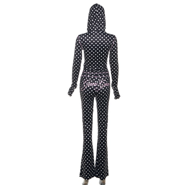 Dots Printed Hooded Top Flare Pant Set
