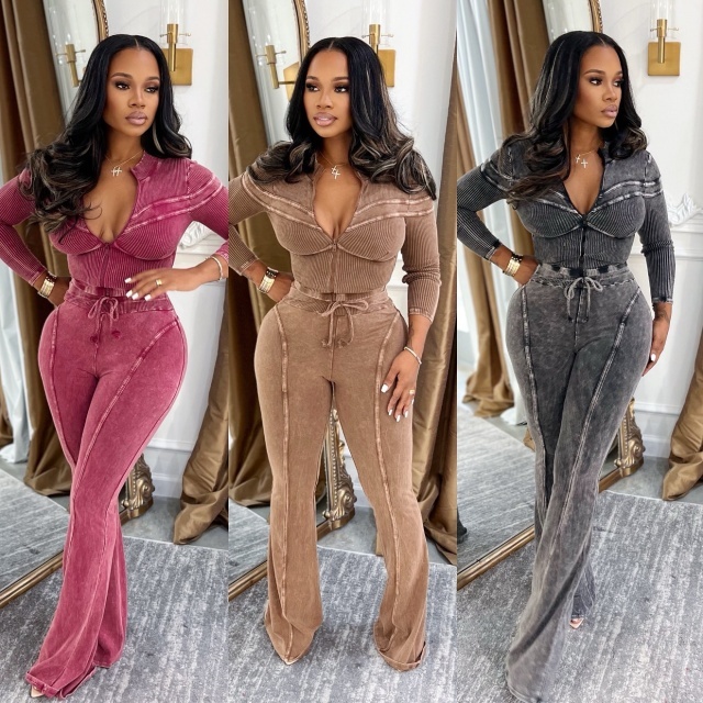 Washed Distressed Patchwork Casual Pant Suit