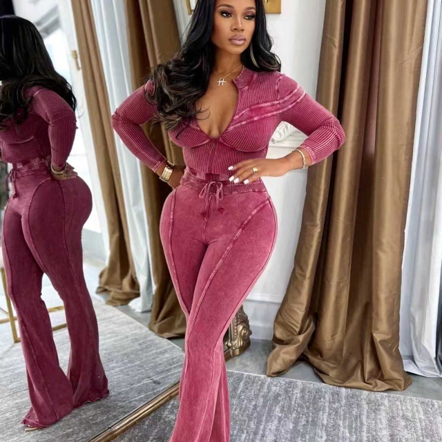 Washed Distressed Patchwork Casual Pant Suit