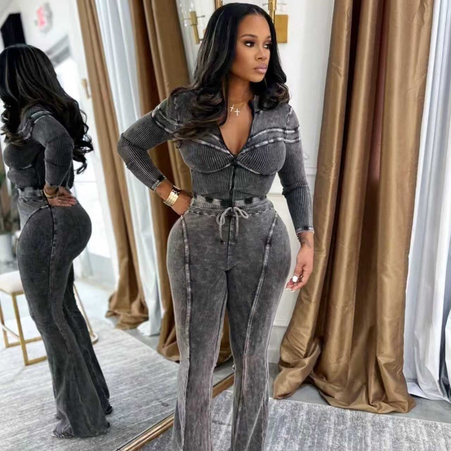 Washed Distressed Patchwork Casual Pant Suit