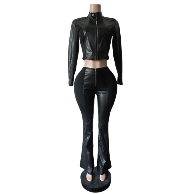 Color Block Patchwork Style PU Leather Pant Set