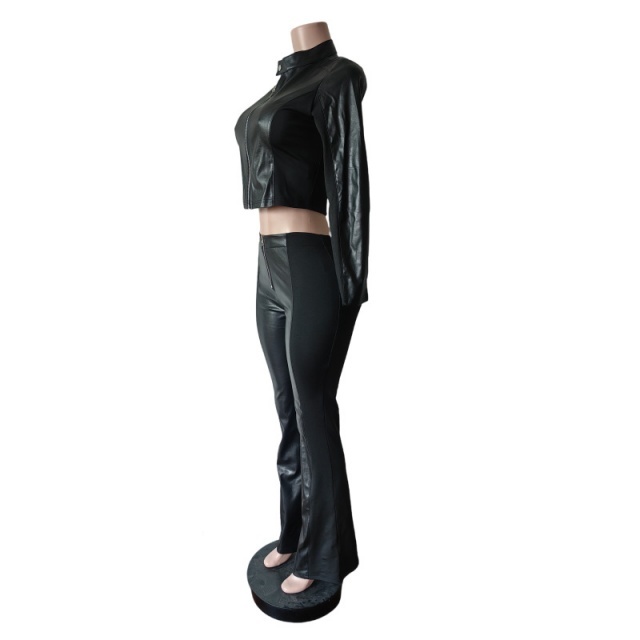Color Block Patchwork Style PU Leather Pant Set