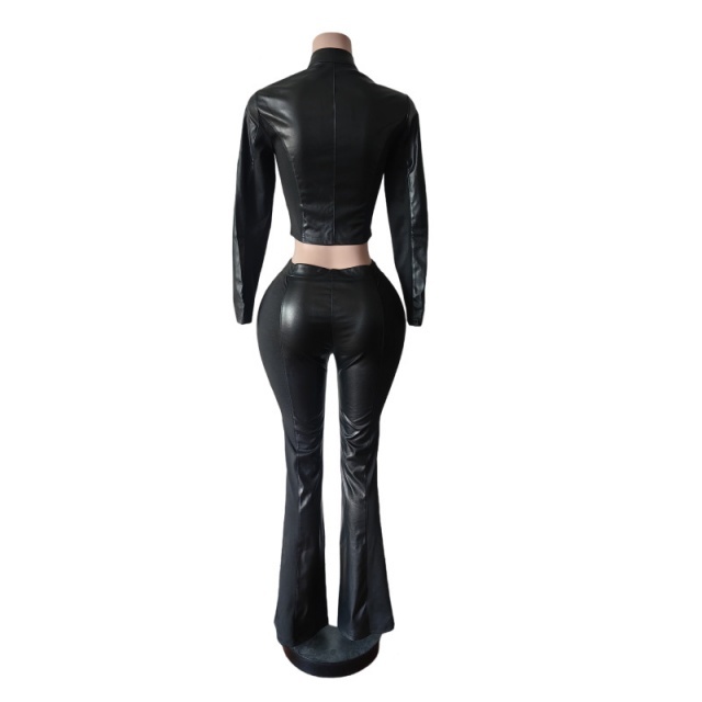 Color Block Patchwork Style PU Leather Pant Set