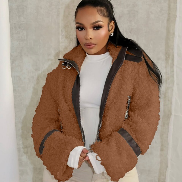 Fur Collar Patchwork Leather Fruzzy Coat