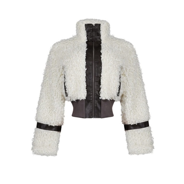 Fur Collar Patchwork Leather Fruzzy Coat