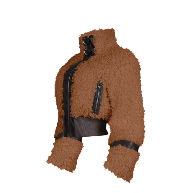 Fur Collar Patchwork Leather Fruzzy Coat