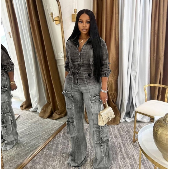 High-elastic Multi-pocket Washed Denim Casual Pant Suit