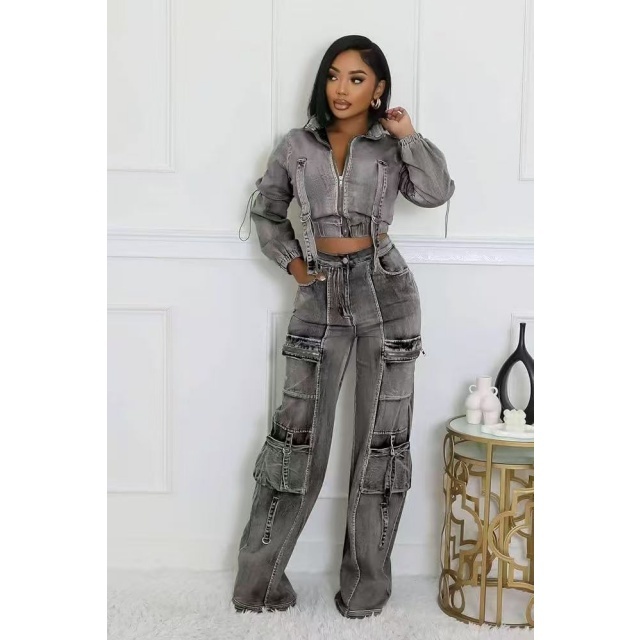 High-elastic Multi-pocket Washed Denim Casual Pant Suit