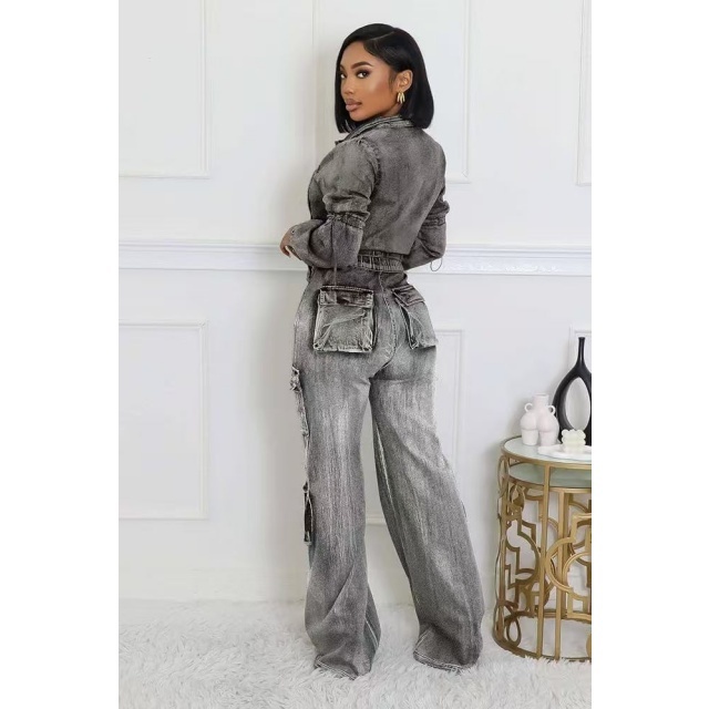 High-elastic Multi-pocket Washed Denim Casual Pant Suit